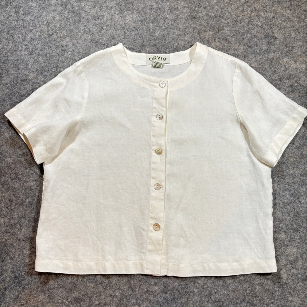 Vintage Orvis Top Womens M White 100% Linen Short Sleeve Quiet Luxury Old Money